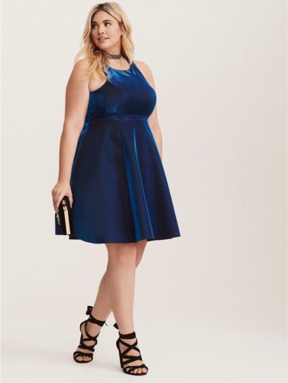 Torrid Size 26 Blue Metallic Foil Iridescent Fit & Flare Cocktail Dress Cutout